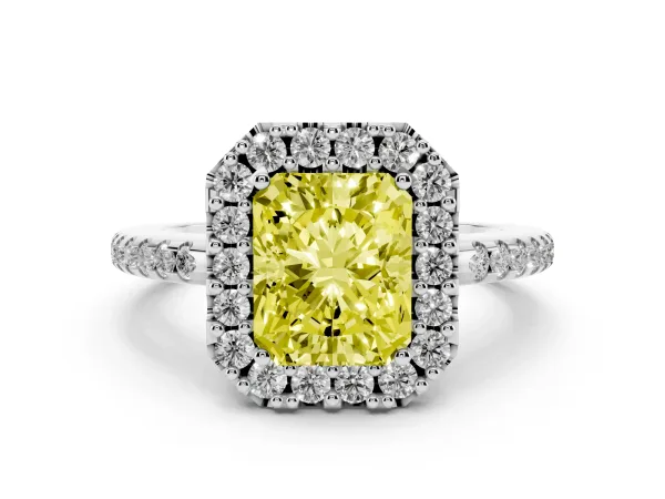 Fancy Yellow Radiant Cut Diamond Pavé Halo Ring with Four-Prong Setting White gold