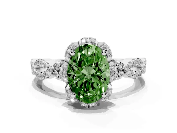 Fancy Green Oval Cut Halo Twist Band Solitaire Ring with Six-Prong Setting Platinum