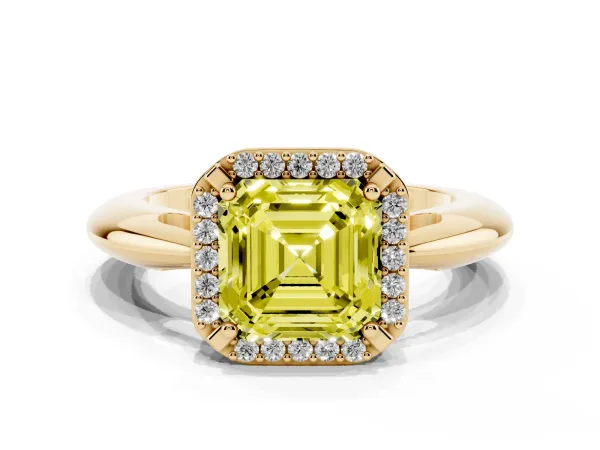 Fancy Yellow Asscher Cut Cut Diamond Halo Engagement Ring with Split Shank and Four-Prong Setting Yellow gold