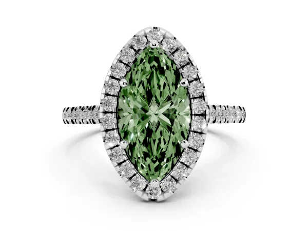 Fancy Green Marquise Cut Diamond Cushion Halo Ring with Pavé Band White gold