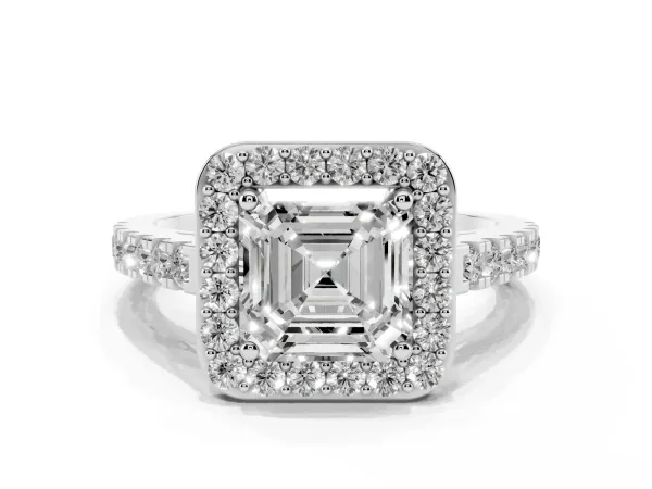 Asscher Cut Diamond Halo Ring with Round Pavé Split Shank and Prong Setting Platinum