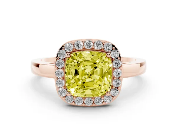 Fancy Yellow Cushion Cut Halo Diamond Ring with Solitaire Band and Prong Setting Rose gold