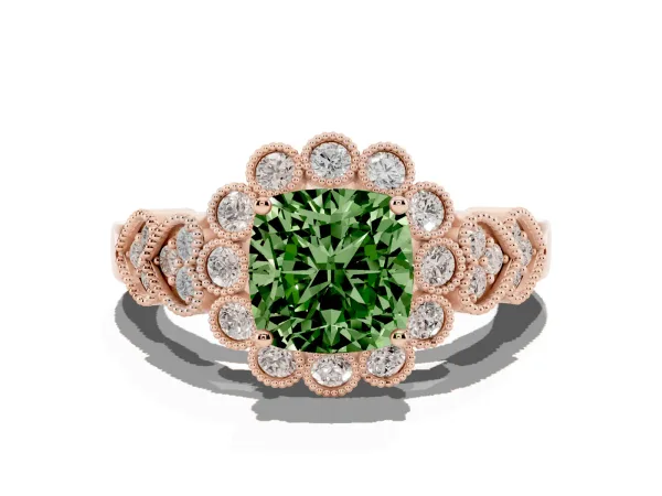 Fancy Green Cushion Cut Brilliant Milgrain Pave Heart Band Solitaire Ring Rose gold