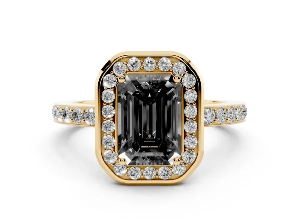 Fancy Black Emerald Cut Diamond Halo Ring with Bezel Frame and Pavé Band Yellow gold