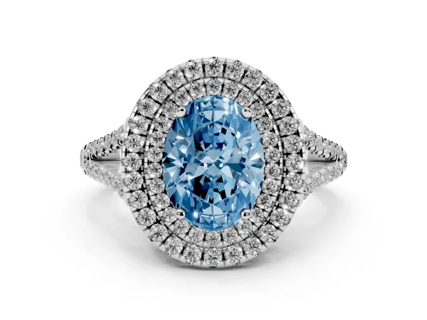 Fancy Blue Oval Cut Diamond Double Halo Ring with Pavé Band and Prong Setting Platinum