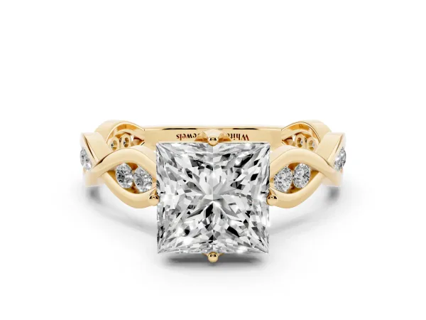 Princess Cut Solitaire Twist Band with Leaf Prong Setting Yellow gold