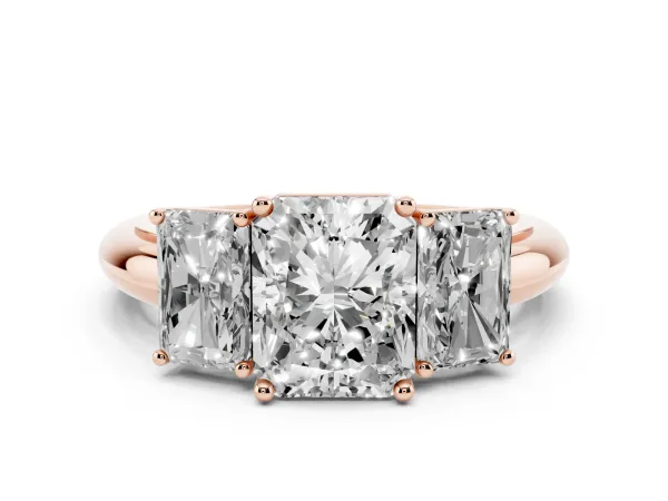 Three-Stone Radiant Cut Cut Diamond Engagement Ring with Prong Setting on a White Gold Band Rose gold