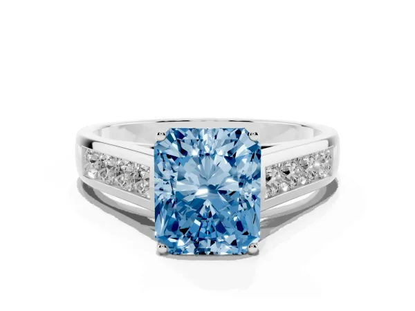 Fancy Blue Radiant Cut Solitaire Channel-Set Diamond Engagement Ring with Four-Prong Setting White gold
