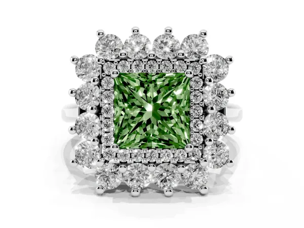 Fancy Green Princess Cut Diamond Floral Double Halo Engagement Ring with Prong Setting White gold