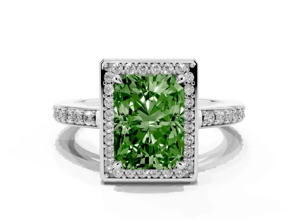 Fancy Green Radiant Cut Halo Pave Band Solitaire Ring with Prong Setting Platinum