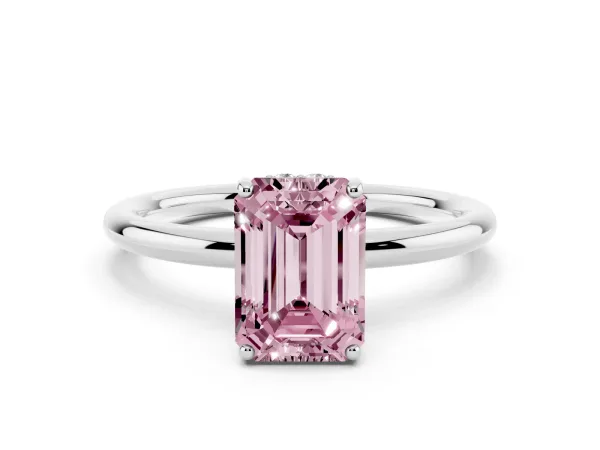 Fancy Pink Emerald Cut Solitaire Diamond Ring with a Classic Band and Four-Prong Setting White gold