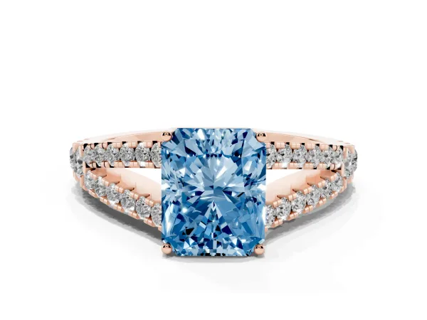 Fancy Blue Radiant Cut Diamond Split Shank Engagement Ring with Round Pavé and Prong Setting Rose gold
