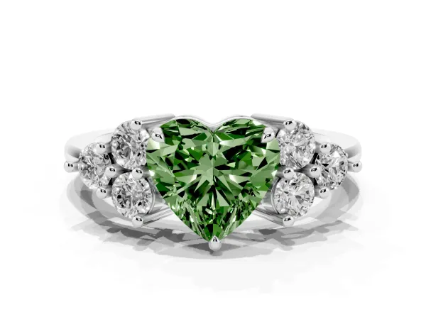 Fancy Green Heart Cut Brilliant Diamond Cluster Accent Solitaire Ring with Prong Setting Platinum