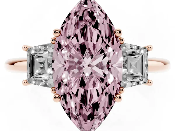 Fancy Pink Marquise Cut Diamond Three-Stone Ring with Trapezoid Side Stones and Prong Setting Rose gold