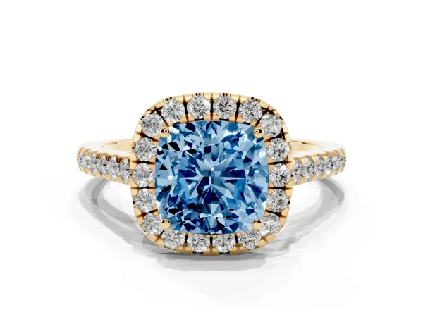 Fancy Blue Cushion Cut Halo Pave Diamond Engagement Ring with Four-Prong Setting Yellow gold