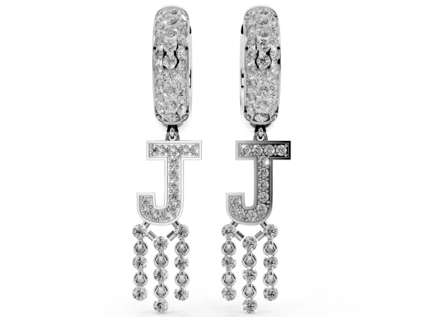 Round Diamond Initial J Huggie Hoop Earrings Silver