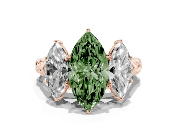 Fancy Green Three-Stone Marquise Cut Diamond Braided Band Ring with Four-Prong Setting Rose gold