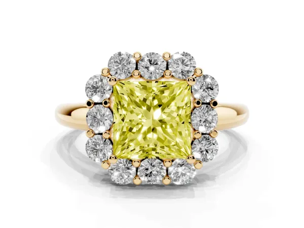 Fancy Yellow Princess Cut Halo Milgrain Solitaire with Bezel Set Side Stones and Pave Band Yellow gold
