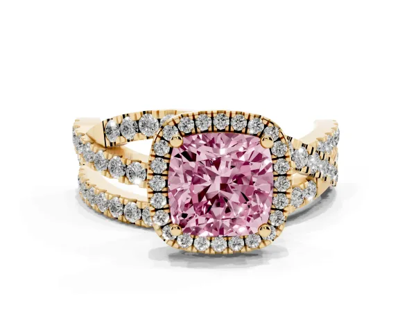 Fancy Pink Cushion Cut Diamond Halo Ring with Round Split Shank and Prong Setting Yellow gold