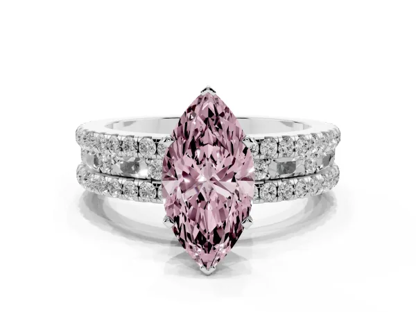 Fancy Pink Marquise Cut Diamond Solitaire Ring with Pavé and Channel Set Band White gold