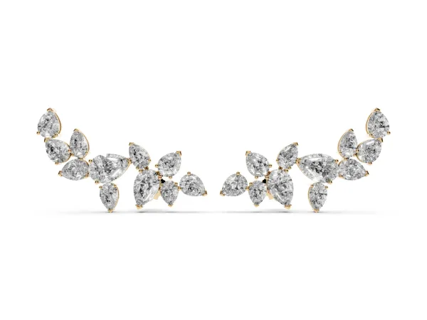Pear Diamond Curved Cluster Climber Earrings Yellow gold