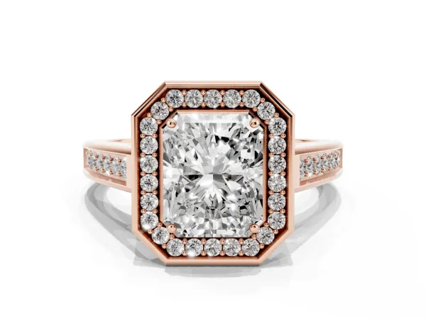 Radiant Cut Halo Solitaire Diamond Ring with Pave Band and Bezel Setting Rose gold