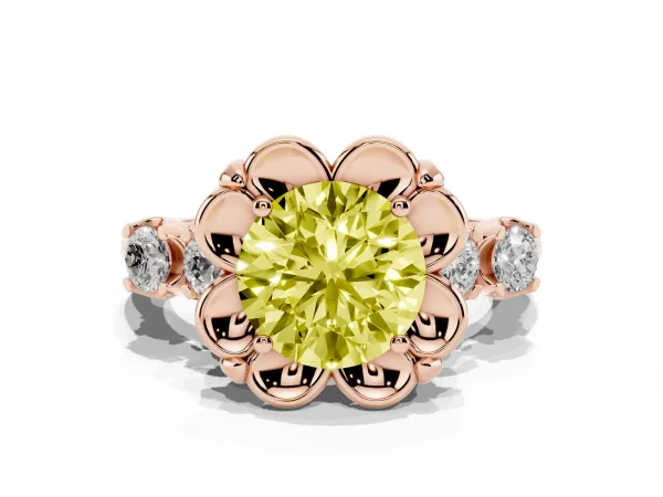 Fancy Yellow Round Cut Cut Diamond Floral Halo Engagement Ring with Shared Prong Setting Rose gold