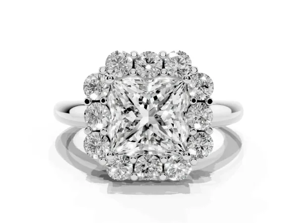 Princess Cut Halo Milgrain Solitaire with Bezel Set Side Stones and Pave Band White gold
