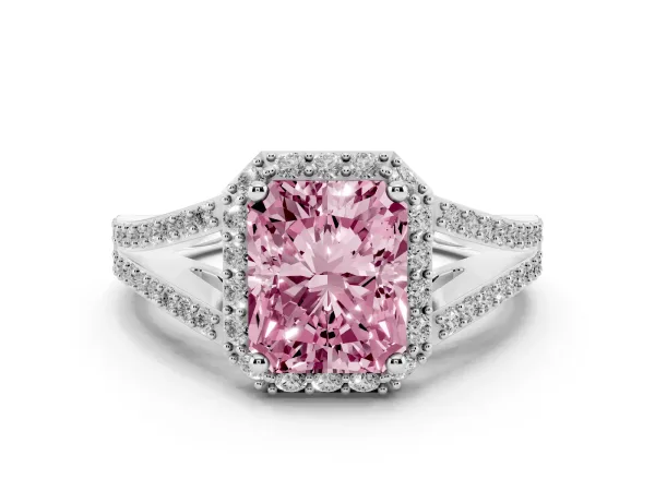 Fancy Pink Radiant Cut Halo Split Shank Diamond Ring with Prong Setting Platinum