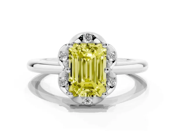 Fancy Yellow Emerald Cut Halo Diamond Ring with Round Cluster Setting, Solitaire Band, and Four-Prong Setting White gold
