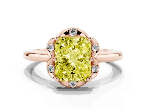 Fancy Yellow Radiant Cut Halo Diamond Ring with Round Cluster Setting, Solitaire Band, and Four-Prong Setting Rose gold