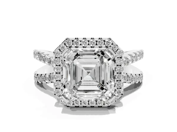 Asscher Cut Diamond Halo Ring with Split Shank Pavé Band and Prong Setting White gold