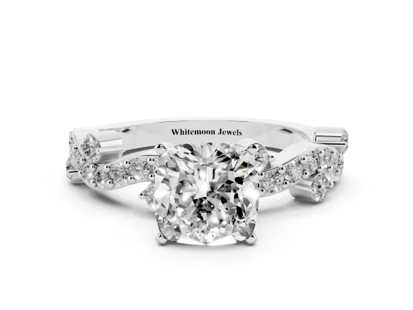 Cushion Cut Cut Solitaire Diamond Twisted Band with Pave Setting White gold