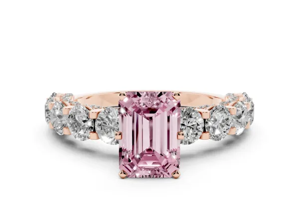 Fancy Pink Emerald Cut Diamond Side Stone Engagement Ring with Four-Prong Setting Rose gold