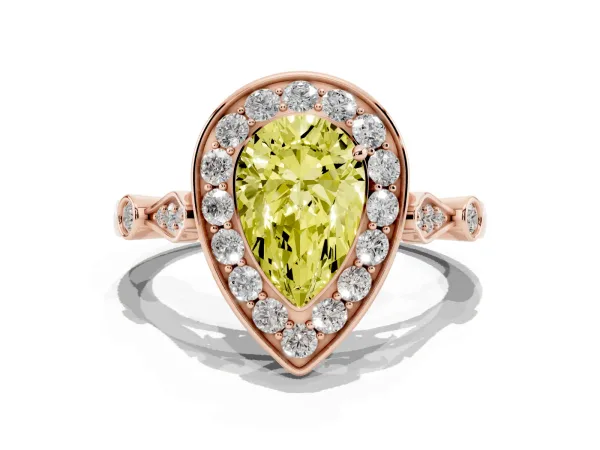 Fancy Yellow Pear Cut Halo Diamond Engagement Ring with Twisted Band and Four-Prong Setting Rose gold