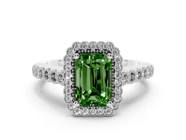 Fancy Green Radiant Cut Cut Halo Pavé Solitaire Ring with Milgrain Band White gold