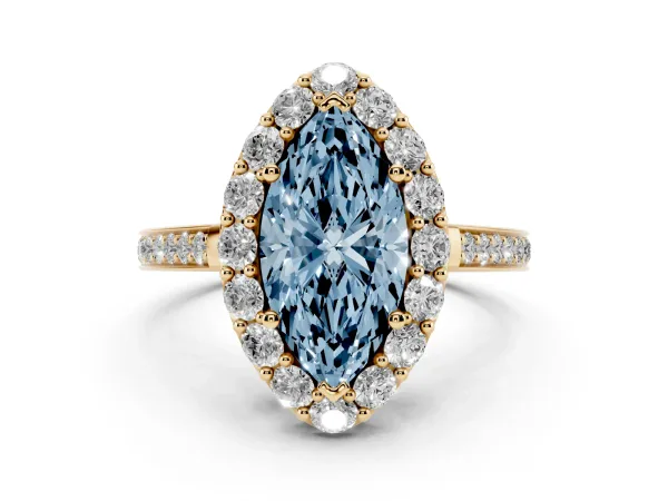 Fancy Blue Marquise Cut Diamond Floral Halo Ring with Pavé Band and Prong Setting Yellow gold