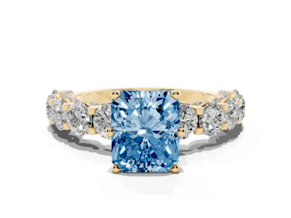Fancy Blue Radiant Cut Diamond Side Stone Engagement Ring with Four-Prong Setting Yellow gold