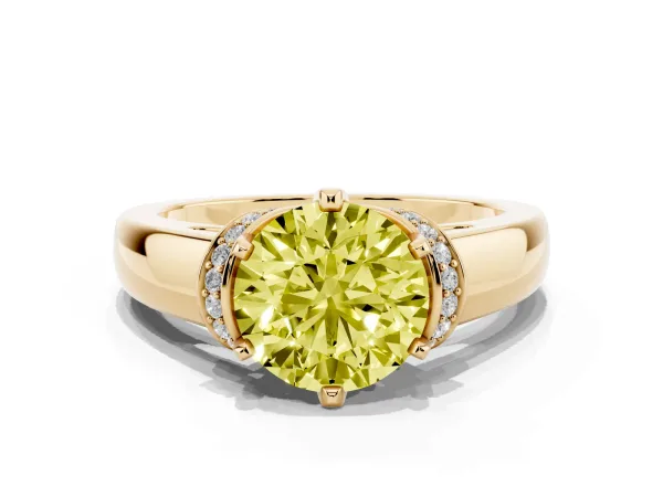 Fancy Yellow Round Cut Solitaire Diamond Ring with Pave Band and Six-Prong Setting Yellow gold