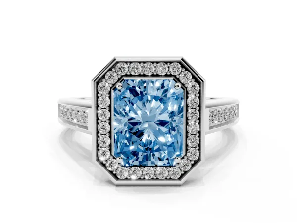 Fancy Blue Radiant Cut Halo Solitaire Diamond Ring with Pave Band and Bezel Setting White gold