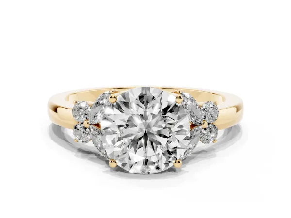 Round Cut Cut Solitaire Floral Diamond Ring with Four-Prong Setting Yellow gold