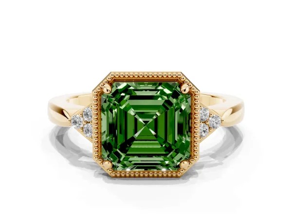 Fancy Green Asscher Cut Diamond Halo Ring with Tapered Band and Four-Prong Setting Yellow gold
