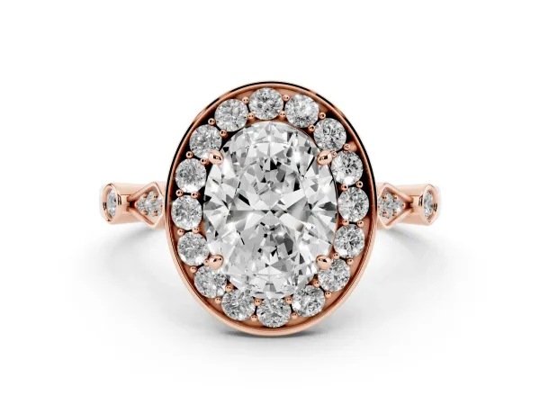 Oval Cut Halo Diamond Engagement Ring with Twisted Band and Four-Prong Setting Rose gold