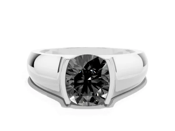 Fancy Black Round Cut Solitaire Bezel Set Diamond Ring with Wide Band Platinum