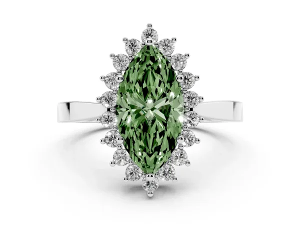 Fancy Green Marquise Cut Cut Diamond Halo Ring with Round Brilliant Halo and Solitaire Band Platinum