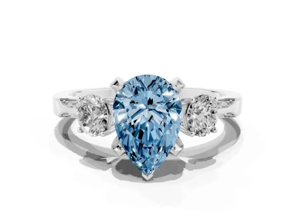Fancy Blue Pear Cut Brilliant Three-Stone Diamond Ring with Pavé Band and Four-Prong Setting White gold