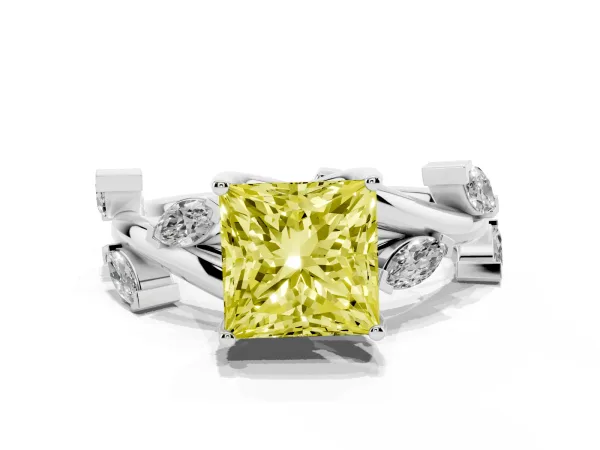 Fancy Yellow Princess Cut Solitaire Twisted Band Marquise Accent Prong Setting Ring White gold