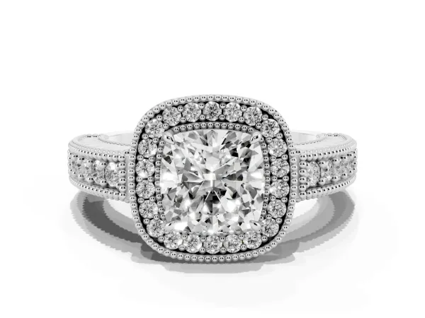 Cushion Cut Cut Halo Diamond Ring with Pavé Band and Four-Prong Setting Platinum