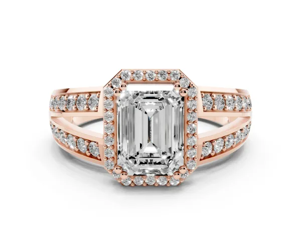 Emerald Cut Diamond Halo Ring with Split Shank Pavé Band and Four-Prong Setting Rose gold