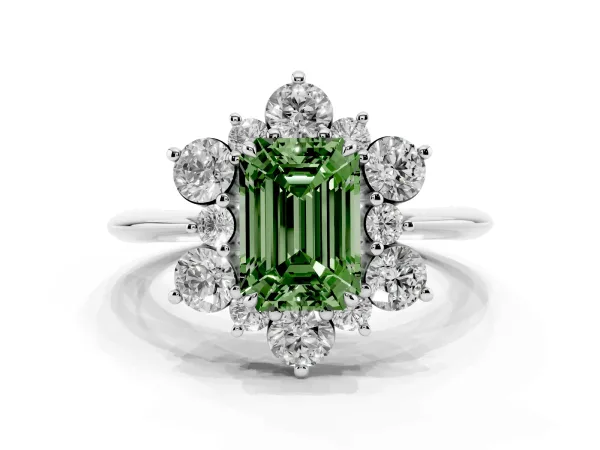 Fancy Green Emerald Cut Diamond Cluster Halo Ring with Solitaire Band and Four-Prong Setting Platinum